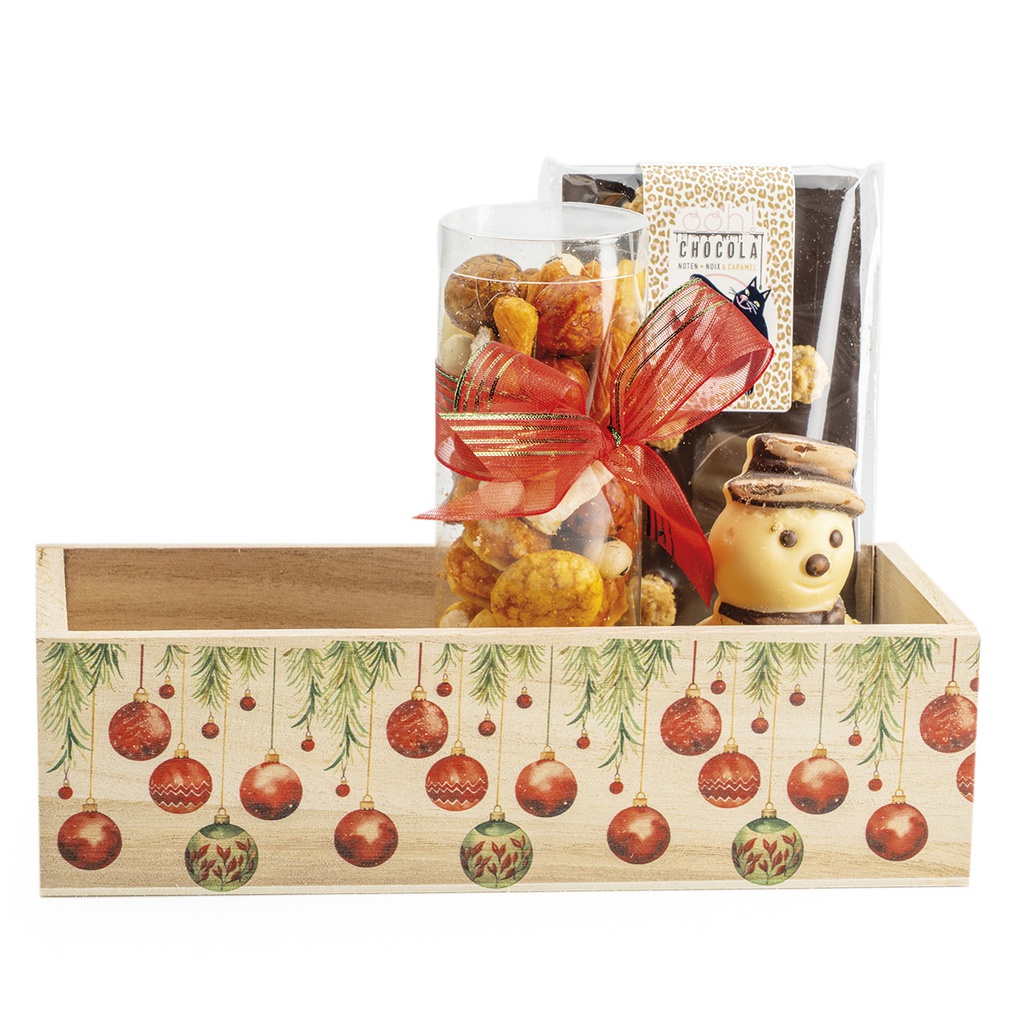 Coffret bois boules rouges 22x9,5h6,3  x8