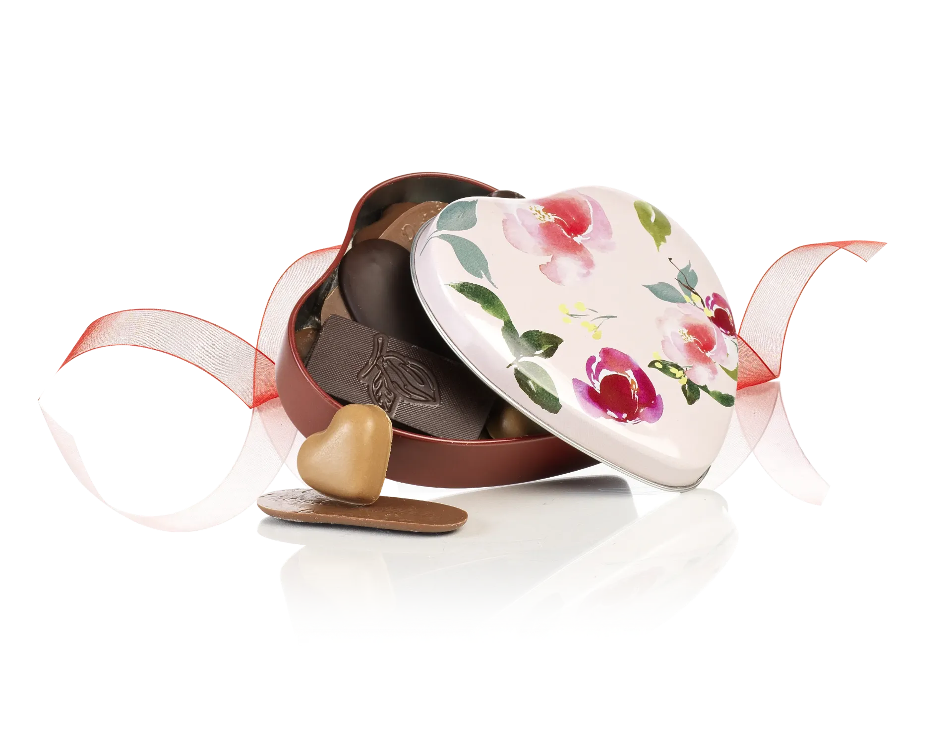 [BOITCOEU120] Boite cœur fleurie assortiment choc 120gx6