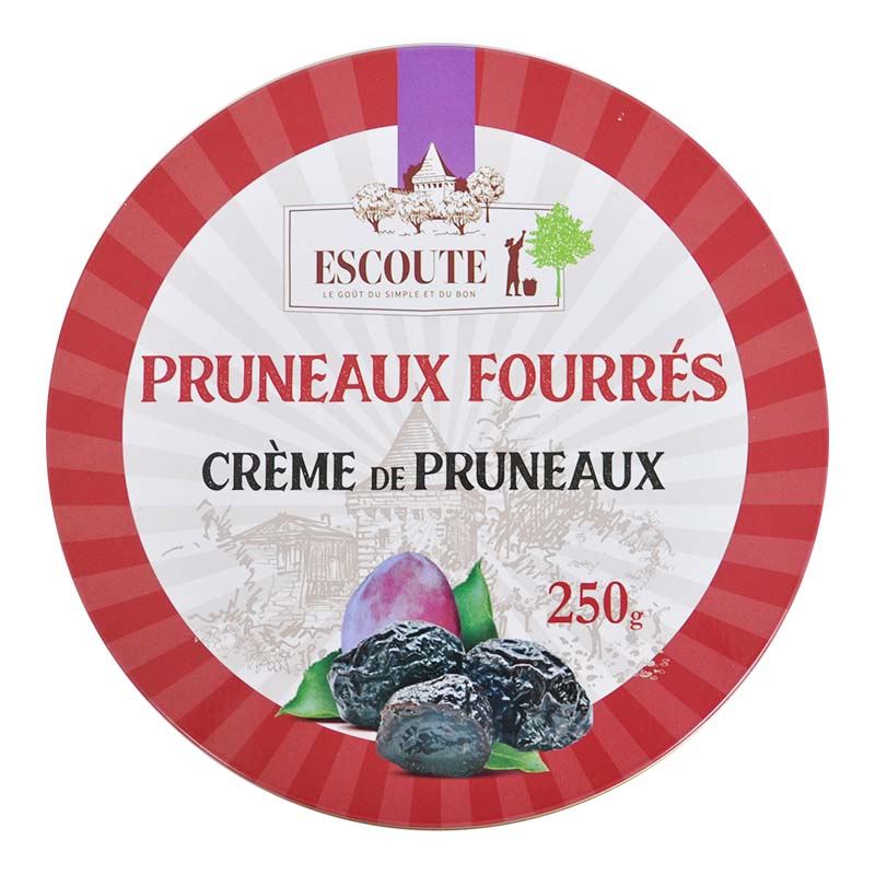 [BPF250G] Boite métal PRUNEAUX FOURRES à la crème de pruneaux 250g X6